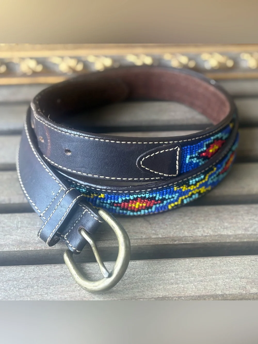 J. Crew Brown Leather Belt with Blue Red Yellow Beaded Accent